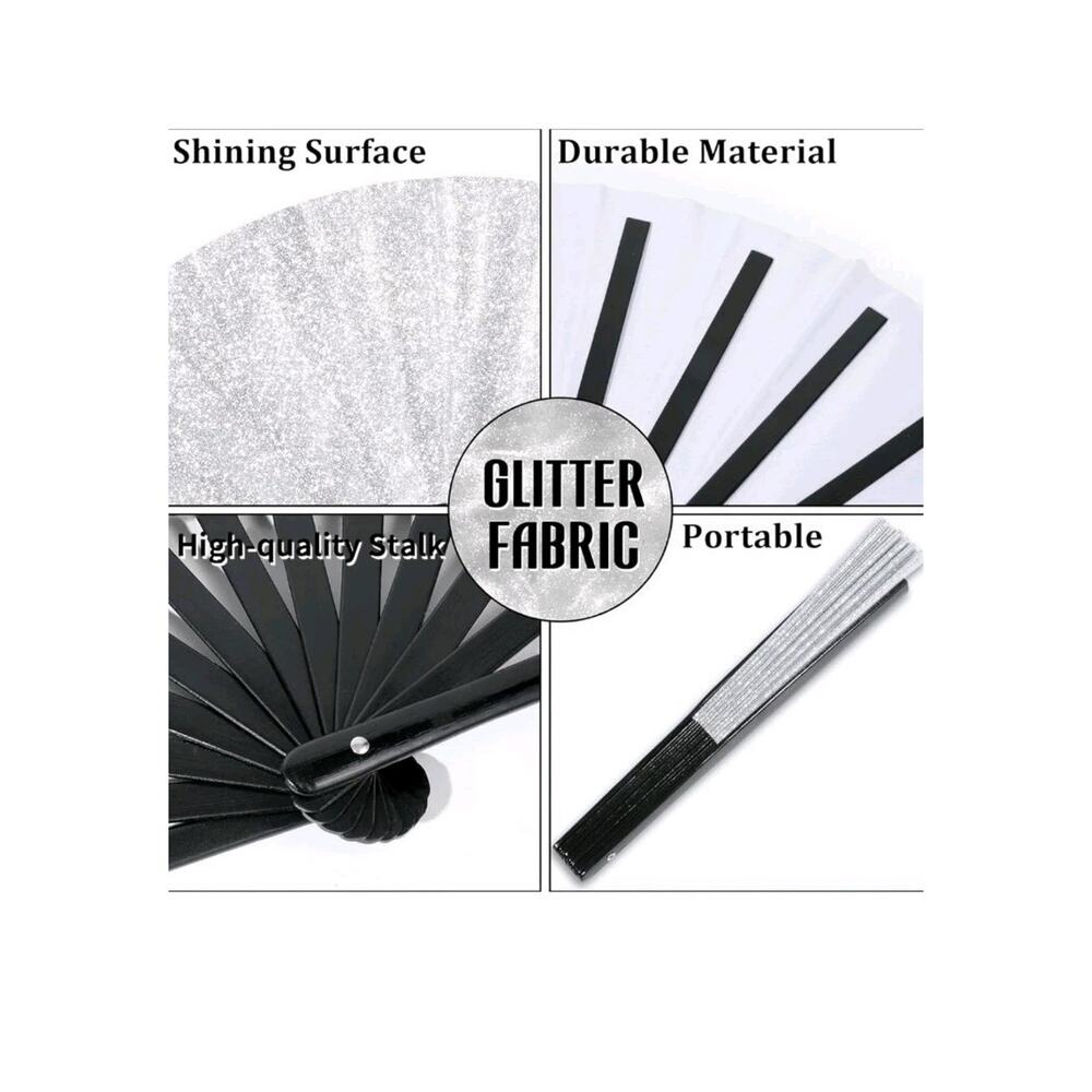 Large Folding Hand Fans 6 PCS for Line Dancing Silver Shimmery Glitter Black s30 - Picture 5 of 8